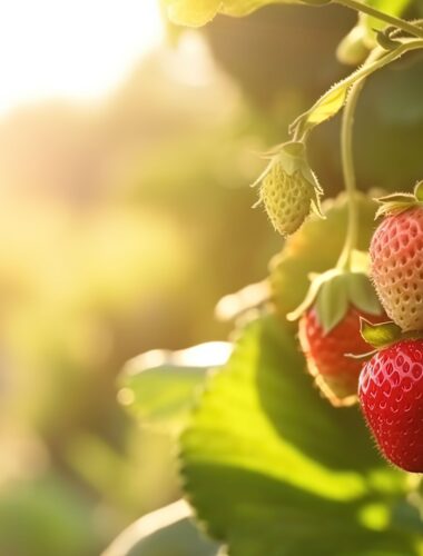 Strawberries against a bed of leaves with the sunlight streaming on it.