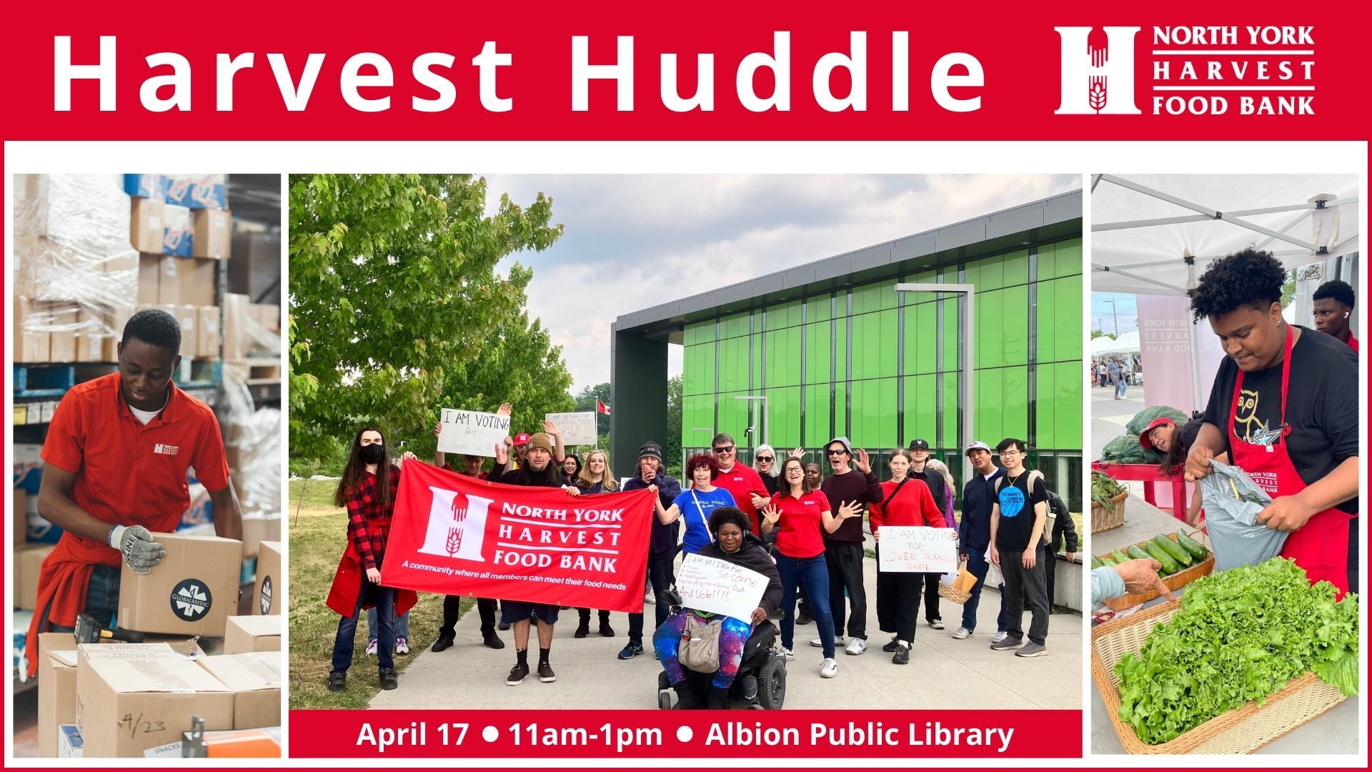Images of staff with text "Join the Harvest Huddle on April 17 at Albion Library"