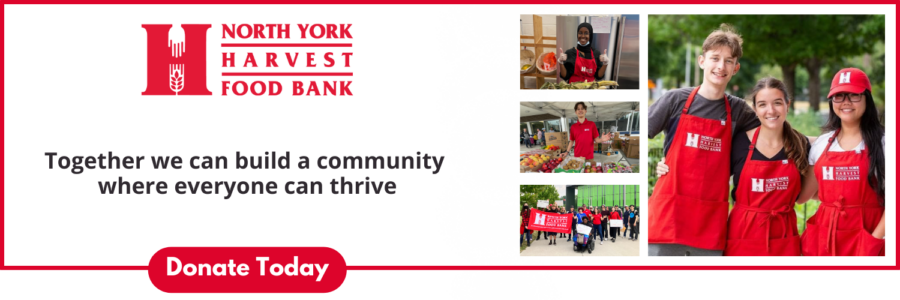 Collage of North York Harvest staff posing at various food spaces, as as "Together we can build a community where everyone can thrive. Donate Today" is placed beside next to them