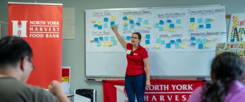 A woman in a red North York Harvest Food Bank shirt gestures to a board filled with Post-It notes under issues like affordable housing and lack of newcomer supports.