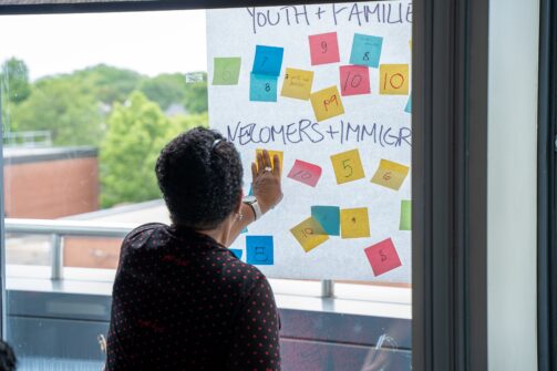 At North York Harvest's Community Advocacy Group town hall, a client attaches a Post-It note with a number ranking the importance of newcomer and immigration supports.