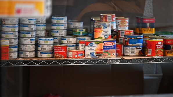 Cans of fish sit on a shelf at a food bank.