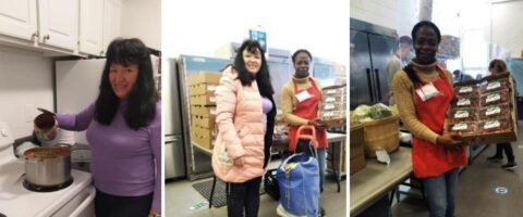 A composite of three images, the first featuring a woman stirring a pot over a stove, the second the same woman standing with a food bank employee at North York Harvest Food Bank, and lastly a photo of a food bank employee holding food.