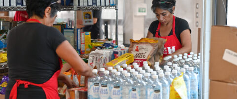 A person works in front of a mirror, loading food onto a table at the North York Harvest Food Bank.