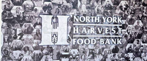 A collage image featuring many different North York Harvest Food Bank staff, volunteers, etc. with the logo placed over top.
