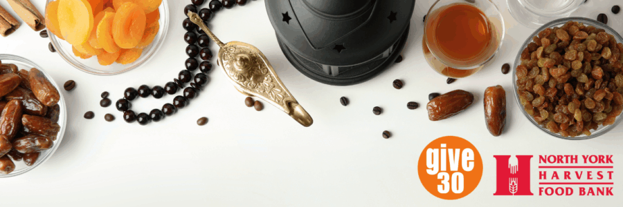 Ramadan elements for Give30 campaign and logo of Give30 and North York Harvest Food Bank