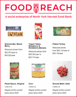 A graphic with the FoodReach logo with the text "a social enterprise of North York Harvest Food Bank" below are various food items showing how FoodReach reduced or maintained prices on key food items.