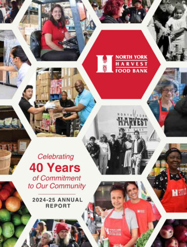 A cover of North York Harvest Food Bank's Annual Report featuring a honeycomb collage of photos throughout the years.