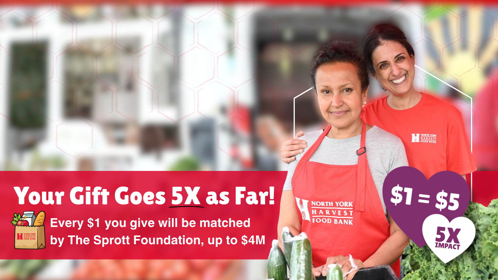 Two North York Harvest Food Bank staff members in red aprons standing behind fresh produce. Overlaid text reads: ‘Your Gift Goes 5X as Far,’ ‘Every $1 you give will be matched by The Sprott Foundation, up to $4M,’ ‘$1 = $5,’ and ‘5X Impact.’