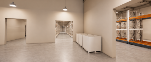 A rendering of North York Harvest Food Bank's new warehouse. Racking to store food items are visible, along with donation bins, and multiple doorways.