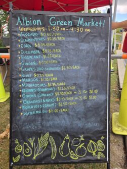 A chalkboard that reads Albion Green Market with a product list of vegetables and fruits and their prices.