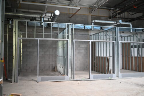 Walls have been framed for offices inside of the North York Harvest Food Bank's Community Food Hub.