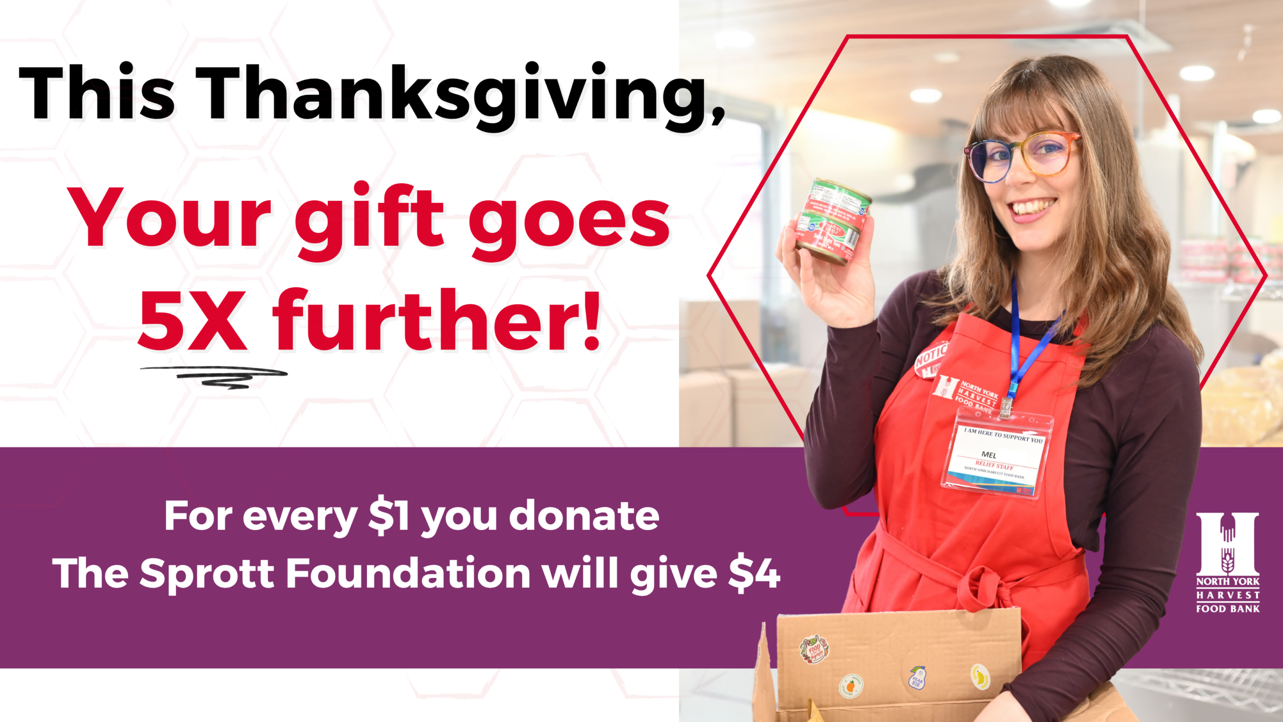 A woman in a red North York Harvest Food Bank apron holds up a can of food with boxes and shelves around her. Text below the image: "This Thanksgiving, Your Gift Goes 5X further! For every $1 you donate The Sprott Foundation will give $4